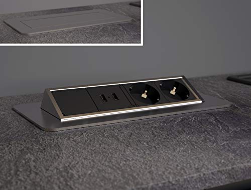 SCHÜTTE 3074 klappbare Steckdosenleiste für die Arbeitsplatte (2x USB & 2x 230 V Steckdosen), Einbausteckdose für die Küche zum Nachrüsten, Tischsteckdose aus Edelstahl