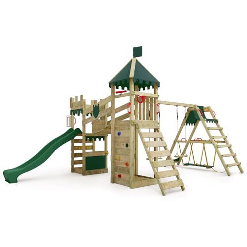 FATMOOSE Spielturm Ritterburg RiverRun Royal mit SurfSwing, Schaukel & Rutsche, Outdoor Kinder Kletterturm mit Sandkasten Leiter & Spiel-Zubehör für den Garten (grün)