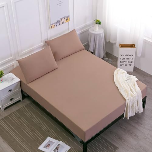 Mesnt Spannbettlaken Spannbetttuch, 185 x 215 x 30cm Polyester Einfarbig Bettzeug Spannbettlaken mit 2 Kopfkissenbezügen MatratzenüBerzug, Hell Kaffee