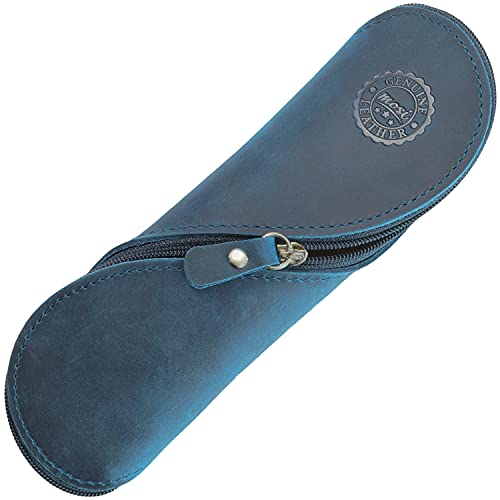 Federmäppchen und Lesebrillenetui aus echtem Leder, authentisch und ungewöhnlich, handgefertigt, Vintage-Geschenkbeutel, blau, S