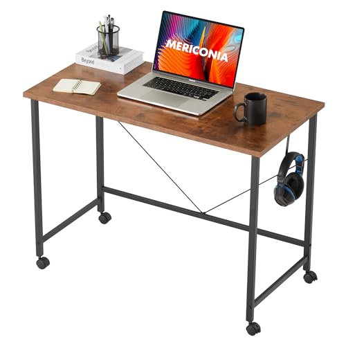 Mericonia 100 cm Computertisch mit Rollen, Gaming-Schreibtisch für kleine Räume, moderner Schreibtisch im schlichten Stil für das Homeoffice, Schreibtisch für Studenten, Braun