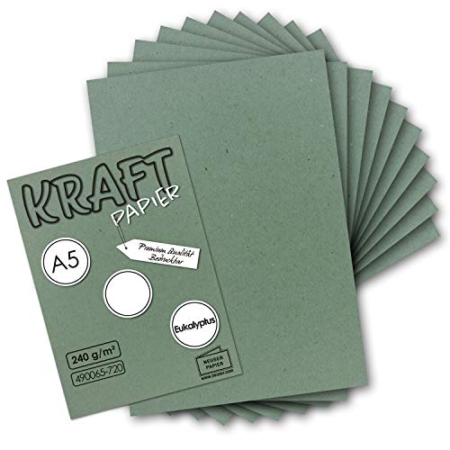 50x Vintage Kraftpapier in Eukalyptus-Grün - DIN A5 - 21 x 14,8 cm - nachhaltiges natur-Grünes Recycling-Papier, ökologisch Bastel-Karton Einzel-Karte - NEUSER PAPIER
