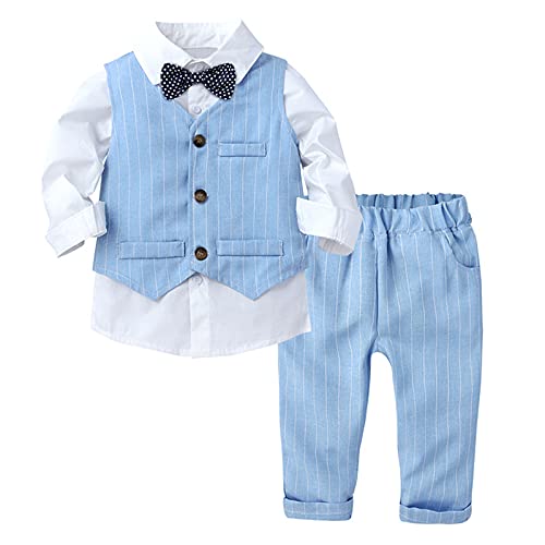 FEESHOW Jungen Anzüge Gentleman Smoking Fliege Hemd Anzugsweste Hose 3tlg Schicker Kleinkind Babykleidung für Taufe Geburtstagsparty Blau 98-104