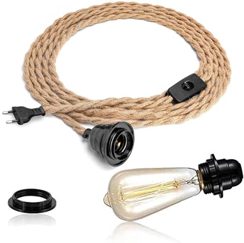 FRIDEKO HOME Pendelleuchte Kit mit Schalter - Vintage Lampenkabel mit 4.5M gedrehten Hanfseil E27 Lampenfassung Plug in DIY Hängende Leuchte für Farmhouse Home Loft - Ohne Glühbirne