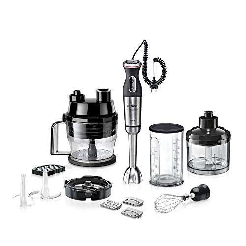 Bosch Stabmixer MaxoMixx MS8CM61X1, Edelstahl-Mixfuß, Mix- und Messbecher, Multifunktionszubehör, Würfelschneider, Schneebesen, 12 Stufen plus Turbostufe, 1000 W, Edelstahl