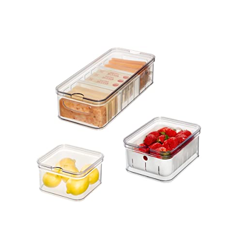 iDesign Aufbewahrungsboxen, Kühlschrank Organizer mit Deckel im 3er Set, Frischhaltedosen aus recyceltem Kunststoff für die Vorrats-Organisation, durchsichtig und weiß