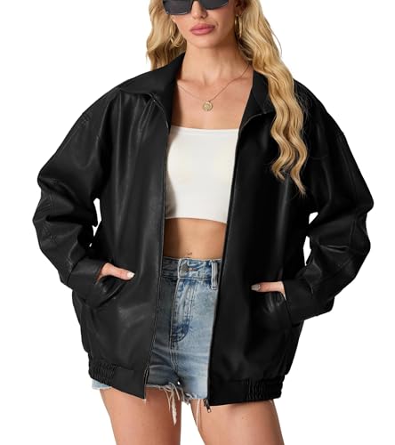 GRECERELLE Lederjacke Damen Kunstlederjacke Reverskragen Lange Ärmel Übergangsjacke Reißverschluss Bikerjacke Damen Lässig Motorrad Jacke Frauen (Schwarz,M)