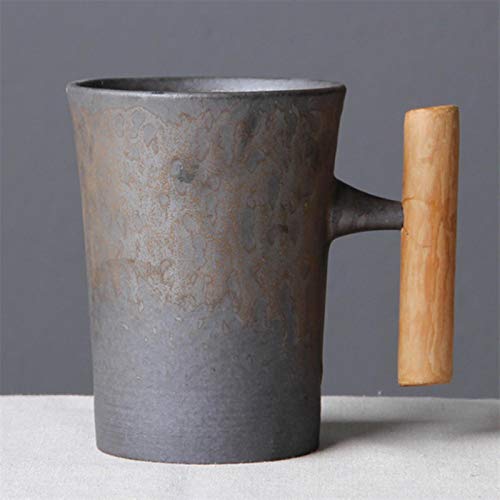 ATYBO Vintage Keramik Kaffeebecher Becher Rost Glasur Tee Milch Bierkrug Mit Holzgriff Wasserbecher Trinkgeschirr