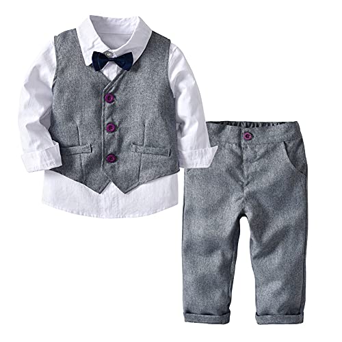 Jungen Gentleman Smoking Anzug Fliege 4tlg Babykleidung Schicker Taufanzug, Grau, Gr. 110