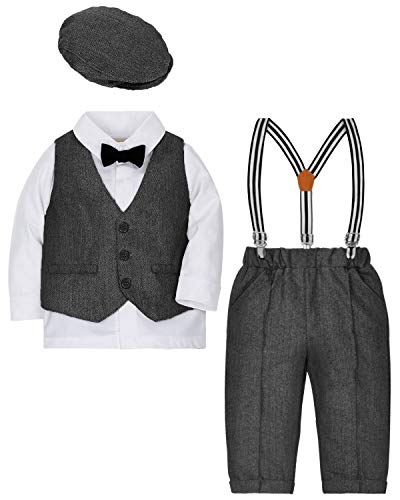 ZOEREA 4tlg Baby Jungen Bekleidungssets Hemd + Hose + Weste + Hut Fliege Krawatte Kinder Anzug Gentleman Festliche Hochzeit Langarm Body für Frühling Herbst