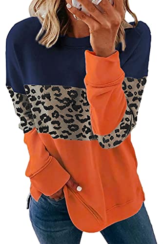 SMENG Damen Rundhalsausschnitt mit Langen Ärmeln Sweatshirt Damen Mode Langarm Herbst Leopardenmuster Tops Langarmshirt Damen Leopard Orange XL