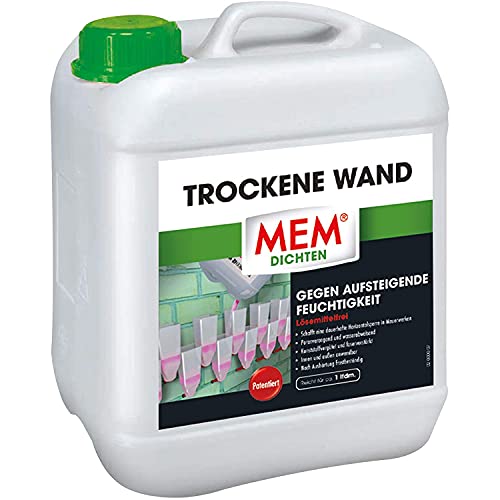 MEM System Trockene Wand Injektionsflüssigkeit, Dauerhafte Horizontalsperre für alle Mauerwerke, Innen und außen anwendbar, Porenverengend und wasserabweisend, 5 l Behälter