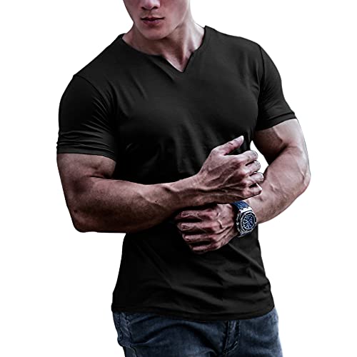 Herren Bodybuilding Athletic Shirts T-Shirts Schnell trocknendes Muskel Gym Workout Top Kurzarm Schwarz L