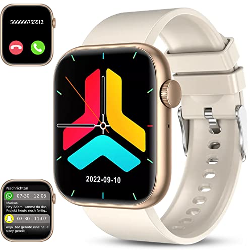 Deunis X7 Smartwatch 1,96 Zoll für Damen Herren mit Telefonfunktion und Benachrichtigungen, kompatibel mit Android und iOS, Schlafmonitor, Schrittzähler, Fitness Tracker (Beige Gold)