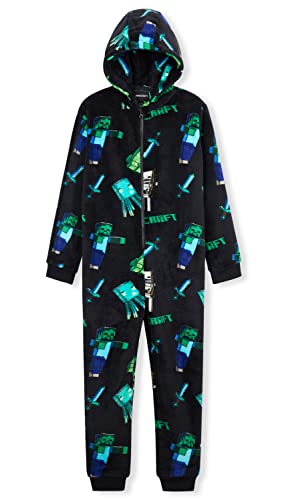 Minecraft Onesie, Jumpsuit Kinder, Schlafanzug Jungen, Ganzkörperanzug Schlafoverall Kinder, Warmer Fleece Overall Hausanzug (9-10 Jahre, Schwarz)