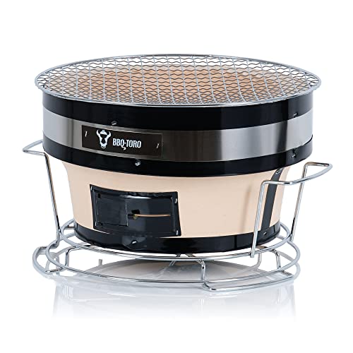BBQ-Toro Keramik Tischgrill rund | Ø 30 cm | Hibachi Grill mit Holzkohlerost, Edelstahl Grillrost und Ständer | Kompakter Grill für Balkon, Camping, Outdoor, Grillen, Backen, Kochen