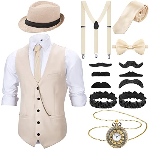 1920er Herren Zubehör Gatsby Gangster Kleidung Kostüm Halloween Cosplay Outfit mit Weste Fedora Hut Taschenuhr Hosenträger Fliege für Mann Halloween Cosplay (XL, Beige)