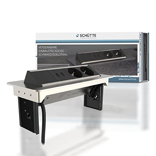 SCHÜTTE 3074 klappbare Steckdosenleiste für die Arbeitsplatte (2x USB & 2x 230 V Steckdosen), Einbausteckdose für die Küche zum Nachrüsten, Tischsteckdose aus Edelstahl