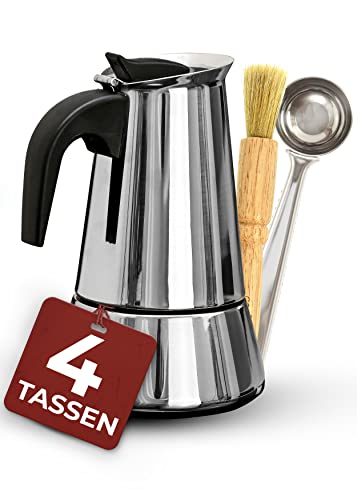 Espressokocher Induktion geeignet - 4 Tassen - Edelstahl - Mit Dosierlöffel und Bürste
