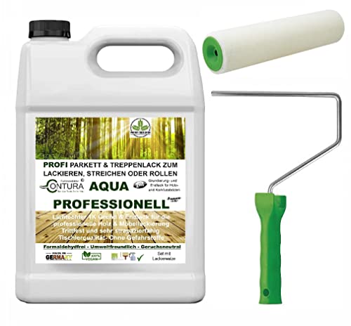 2,5 Liter Parkettlack im Set inklusive Lackierrolle Grundierung und Parkettsiegel Aqua Professionell Treppenlack 2in1 Holzlack Geruchsneutral 100% Vegan (Seidenmatt)