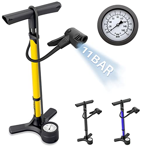 Hilo Sports Standpumpe Fahrrad für alle Ventile - 11 Bar / 160 Psi Luftpumpe mit Manometer - Standluftpumpe mit Stahlrohr - Fahrradpumpe Standpumpe (gelb)