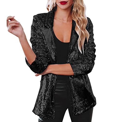 Langmantel Damen Winter Damen Pailletten Blazer Pailletten Schimmer Jacke Langarm Glitzer Party Glänzend Mantel Rave Oberbekleidung Wasserfall Mantel Damen (Black, XL)