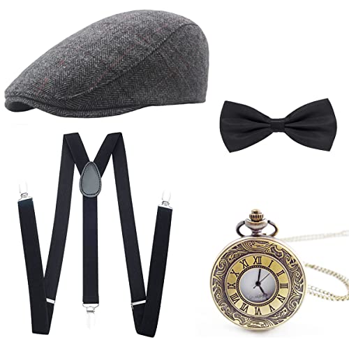 Wagoog 1920s Herren Accessoires, Mafia Gatsby Kostüm set Inklusive Panamahut Verstellbar Elastisch Hosenträger Herren Halsschleife Fliege und Vintage Taschenuhr
