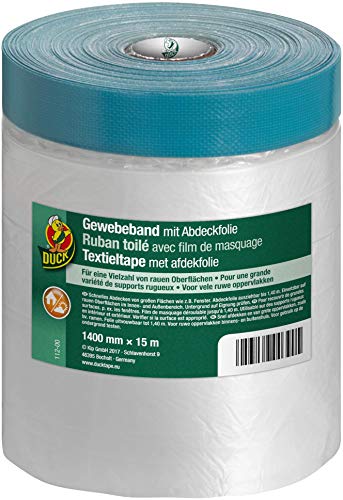 DUCK Gewebeband mit Abdeckfolie 112-00 – Malerfolie mit Panzertape für innen & außen – Klebeband zum Streichen und Lackieren – 1400mm x 15m