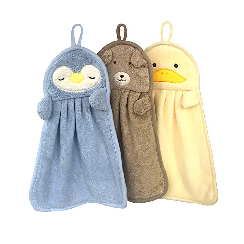 Handtücher für Kinder, Kinderhandtuch, Handtuch Set mit Aufhängerschlaufe Tiermotiv Saugfähig Schnell Trocknend für Badezimmer, Küchen 3 Stück (Khaki, Yellow, Blue)