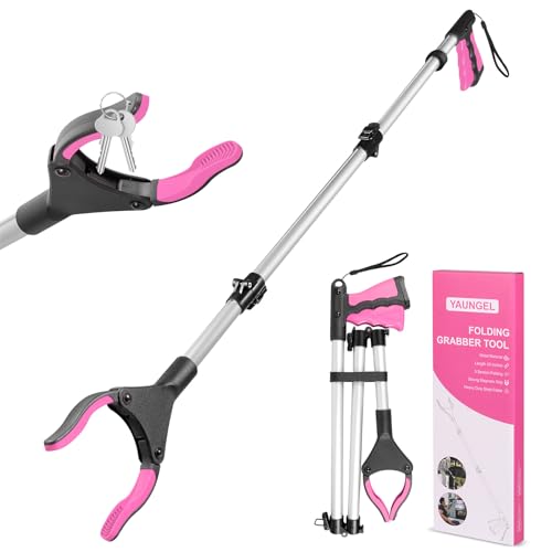 YAUNGEL 108cm Greifzange für Senioren, Folding Greifer mit Magnet-Greifarm, 360° Drehbar Müllzange Greifzange, Langer Müllgreifer, Greifhilfe für Menschen mit Behinderung(Rosa)