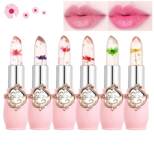 Clear Flower Jelly Lippenstift, 6 Packungen Nahrhafte Feuchtigkeitscreme Lippenbalsam Temperatur Farbwechsel , Matt Lang anhaltender Lipgloss (Rosa)