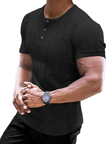 Muscle Cmdr Muscle Henley Shirt Herren Langarm, Slim-fit Langarmshirt, Freizeit T-Shirt aus Baumwolle mit Kurzen/Langen Ärmeln,Schlanke Passform Geripptes Hemd Schwarz/L