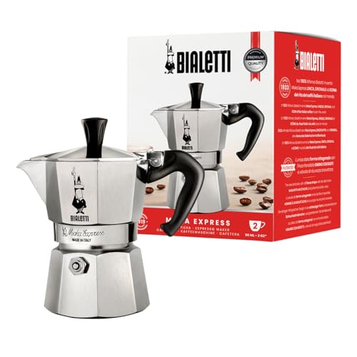 Bialetti Moka Express Aluminium-Kaffeemaschine für Herdplatten (2 Tassen), 90 milliliters, Silber/Schwarz, 8 x 11 x 11 cm