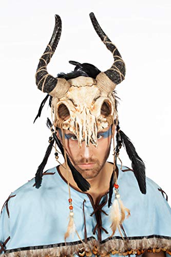 shoperama Kopfschmuck Tierschädel mit Hörnern Federn Perlen Voodoo Priester Krieger Schamane Barbar, Farbe:Beige/Braun