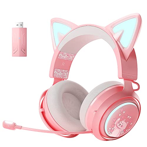 SOMIC Cat Ear Kopfhörer, 2.4GHz Wireless Gaming Headset für PS4/5, PC, Bluetooth Headset für Smartphone, Einziehbares Mikrofon, RGB Beleuchtung, 7.1 Surround Sound, Nette Katze Ohr Headset für Mädchen