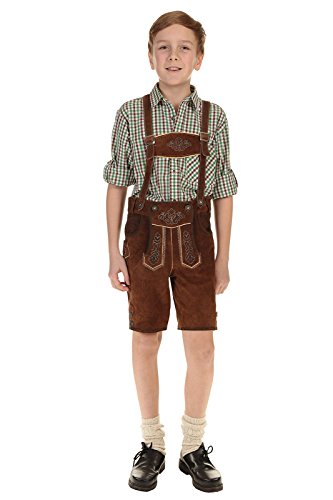 Isar-Trachten Kinder Lederhose kurz Trachtenlederhose Jungen mit Träger und Stickerei 55811 braun Gr.104