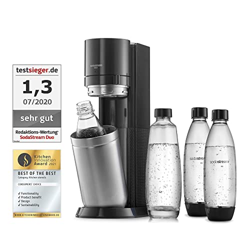 SodaStream Wassersprudler DUO Umsteiger ohne CO2-Zylinder, 1x 1L Glasflasche und 3x 1L spülmaschinenfeste Kunststoff-Flasche, Höhe: 44cm, Farbe: Titan