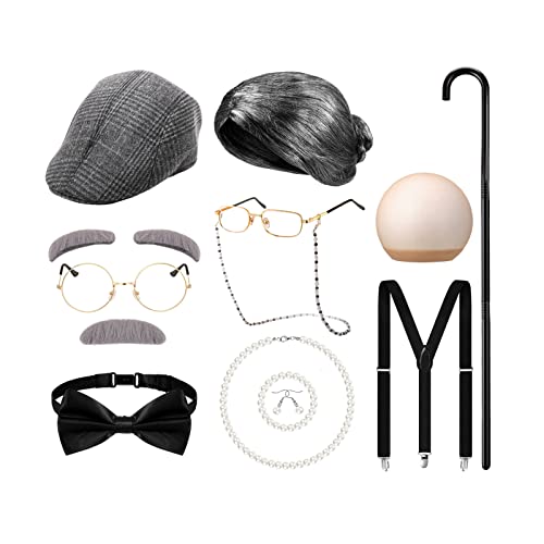 13 Stück Alter Mann, Alte Damen Kostüm Set Bestehend Oma Perücke Brille Ketten Kordeln und 1920er Opa Herren Cosplay Basken Mütze Hut für Halloween