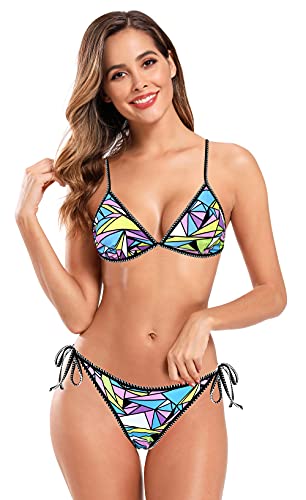 SHEKINI Damen Bikini Set Gedruckt Rückenfrei Ties up Triangel Bikinioberteil Zweiteiliger Badeanzug Verstellbar Niedrige Taille Bikinihose Strandkleidung(XL,Geometrie)