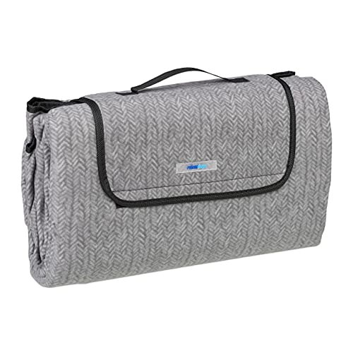 Relaxdays XXL Picknickdecke, 200x200 cm, Fleece Stranddecke, Muster, wärmeisoliert, wasserdicht, mit Tragegriff, grau