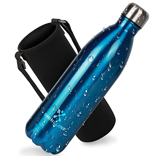 SHINELINE Thermosflasche 1L,Trinkflasche Edelstahl mit Wasserflaschenhülle Auslaufsichere Isolierflasche Wasserflasche für Sprudel, Sport, Uni, Schule, Fitness, Outdoor, Camping Trinkflasche-Blau