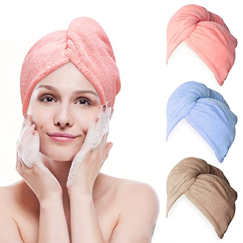 Tinabless Haarturban Handtuch, 3 Stück Turban Haartrockentuch Haarturban mit Knopf, Schnelltrocknend Mikrofaser Handtuch Haarhandtücher,Haar Trocknendes Tuch für Alle Haartypen