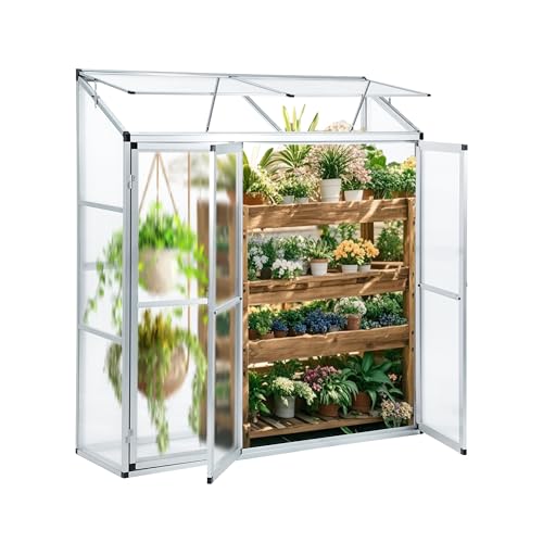 Gegaden Anlehngewächshaus Tomaten Gewächshaus 180x52x190cm Aluminium Beistell-Gewächshaus, Treibhaus Gartenhaus Frühbeet Ohne Rückwand, Gewächshaus Winterfest Klein, Minigewächshaus, Silber