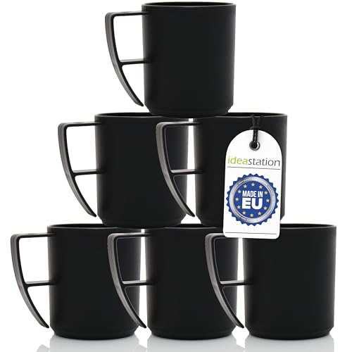 idea-station NEO Kunststoff Tassen Set 6 x 350 ml - schwarz matt - moderne und bruchsichere Kaffeebecher aus Plastik - ideale Campingtassen mit Henkel für unterwegs