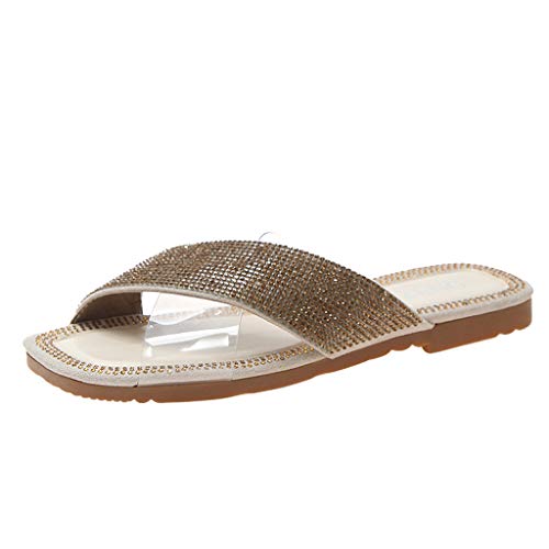 NMERWT Damen Hausschuhe Pantoletten Flach Elegant Frauen Peep Toe Sommer Kristall Bling Karree Schuhe Casual Sandalen Pantoffel