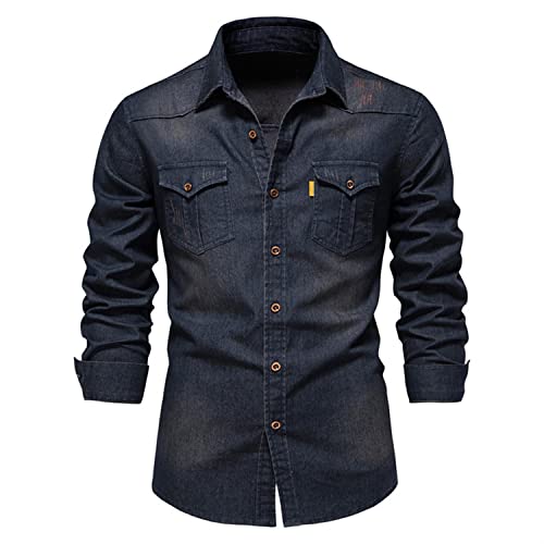 Skrsila Herren Jeanshemd Denim Shirt Langarmhemd Cowboy-Style Kent-Kragen Business Casual Männer Freizeit Hemd