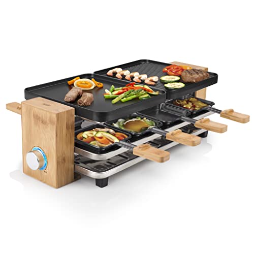 Princess Raclette Grill in Bambusausführung - für bis zu 8 Personen, 1200 Watt, regelbare Thermostat, Aluminiumguss-Platte, 8 Pfännchen und Spatel,