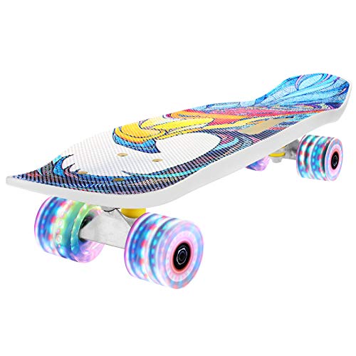 Fynllur Skateboard Komplettboard 66x18cm mit LED-Blitz Räder Mini Cruiser Retro Skateboard für Kinder Jungen Mädchen Jugendliche Erwachsene Anfänger, Belastung 100kg-Blue