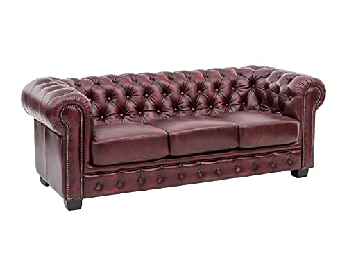 Woodkings® Chesterfield Sofa 3-Sitzer Vintage Echtleder Couch Bürosofa Polstermöbel 3 Sitzer antik Designsofa Federkern Unikat Herrenzimmer englisches Leder Stilsofa Clubsofa (antik rot)