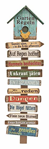 Holzschild Gartenregeln mit 11 Schildern - 99 cm - Holz Gartenstecker Garten Deko Schild Gartenstab Wand Deko
